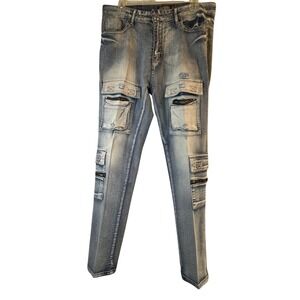 GS115 Mens Slim Tapered Cargo Jeans Faded Blue Distressed Multi-Pocket 32/30